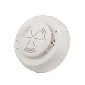 Đầu báo khói không dây FireAI FWS‑01, màu đỏ cam trắng, kết nối Zigbee với tủ trung tâm và thiết bị báo cháy khác