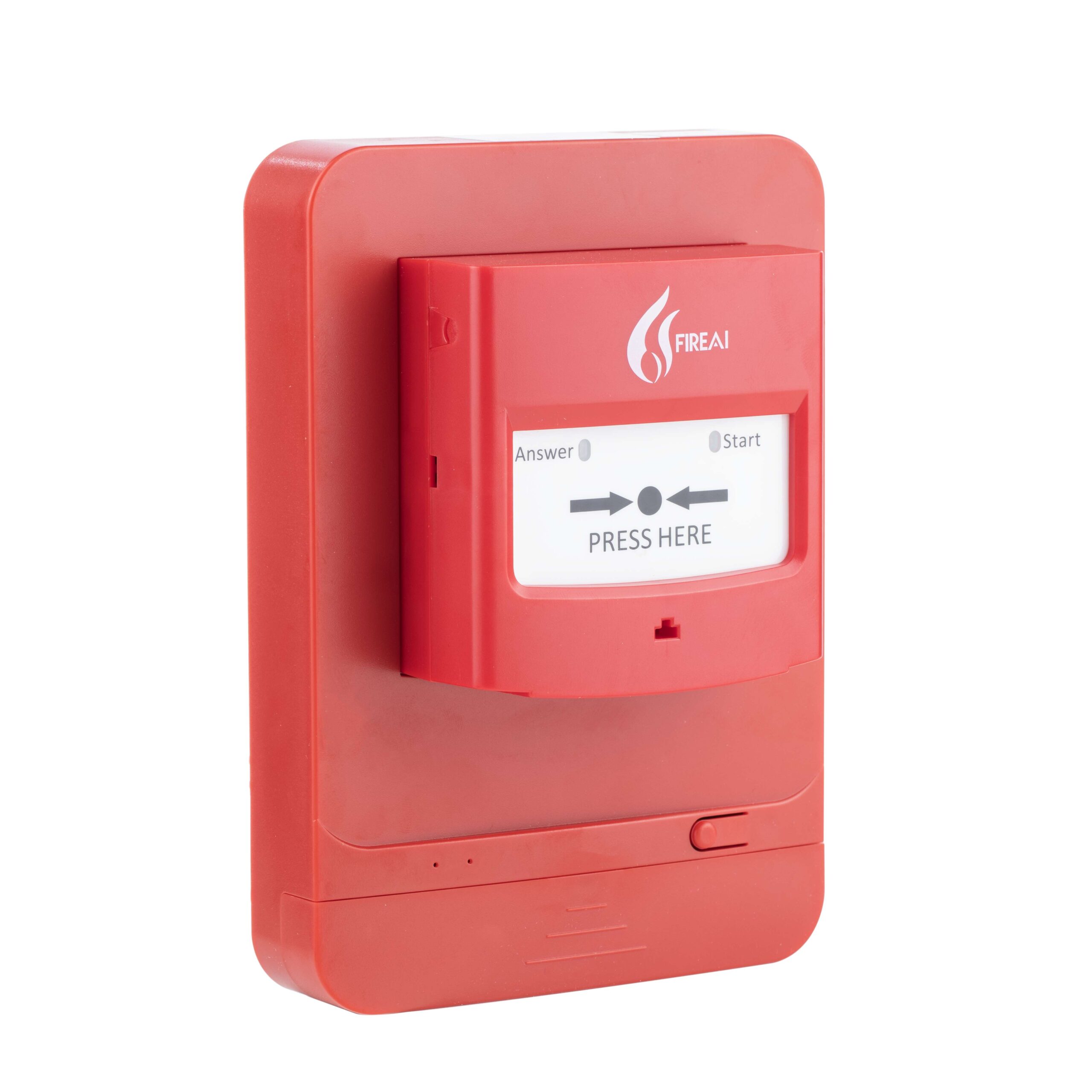 Nút nhấn báo cháy không dây FireAI FWB‑01, màu đỏ cam trắng, kết nối Zigbee với tủ trung tâm FWT-01/FWCC‑01 và thiết bị báo cháy FireAI khác