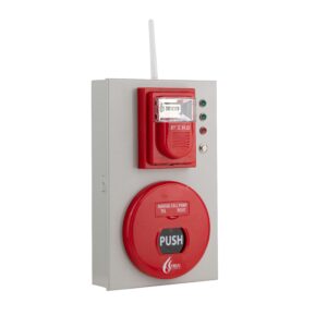 Tổ hợp chuông đèn nút nhấn báo cháy FireAI FWC‑01, màu đỏ cam trắng, kết nối Zigbee với tủ trung tâm và thiết bị báo cháy khác