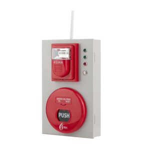 Tổ hợp chuông đèn nút nhấn báo cháy FireAI FWC‑01, màu đỏ cam trắng, kết nối Zigbee với tủ trung tâm và thiết bị báo cháy khác