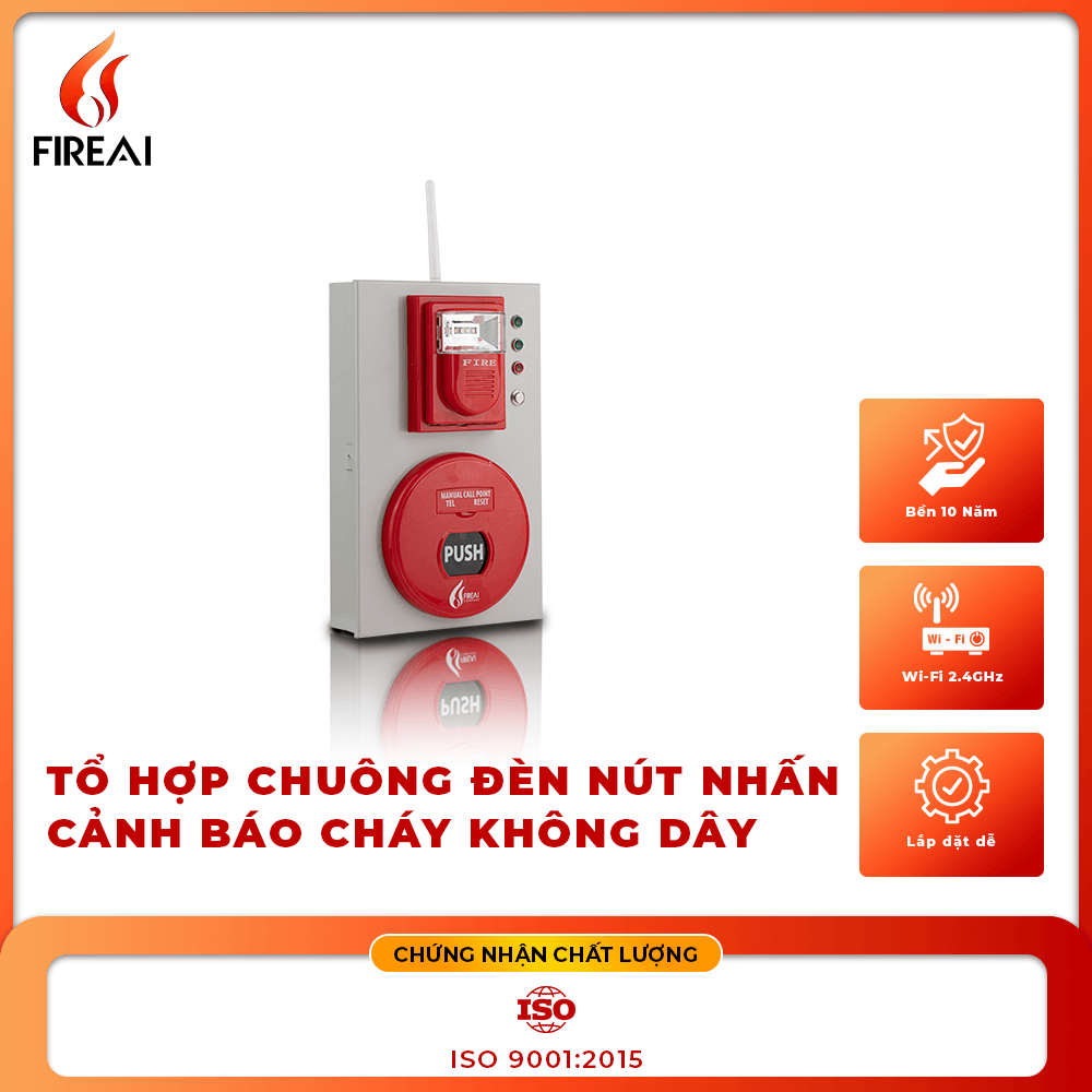 Tổ Hợp Chuông Đèn Nút Nhấn Báo Cháy Không Dây FireAI WAB‑01