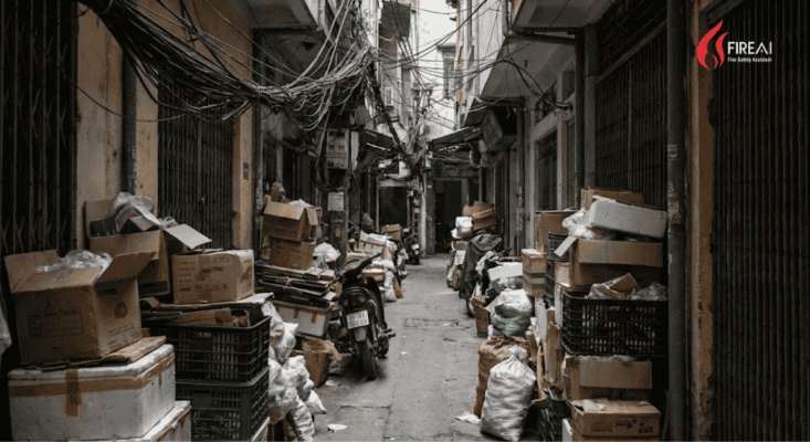 Minh họa cảnh ngõ hẹp, dây điện chằng chịt hoặc hàng hóa chất đống chắn lối đi