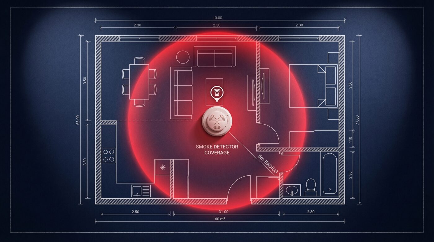 Theo TCVN 5738:2021, một đầu báo khói bảo vệ tối đa khoảng 60m² tùy điều kiện lắp đặt.