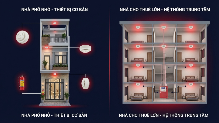 Việc có cần trung tâm báo cháy hay không phụ thuộc vào diện tích, số phòng và mật độ người.